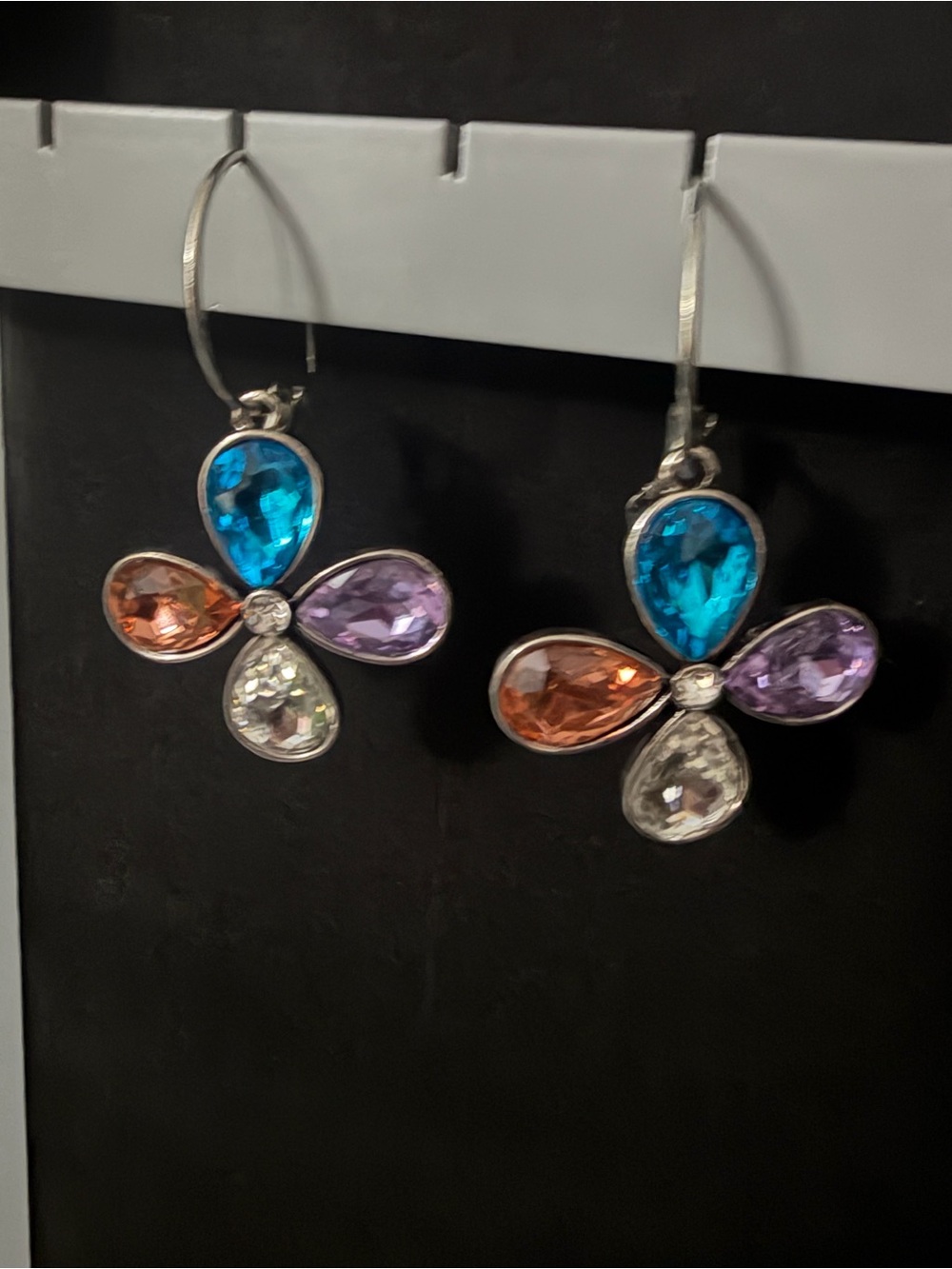 Multicolor Crystal Flower Drop Earrings - Silver Tone